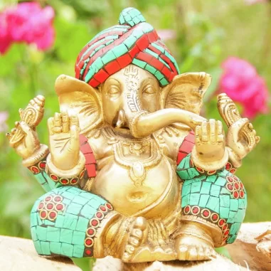 Ganesha 16cm Messing mit Steinen