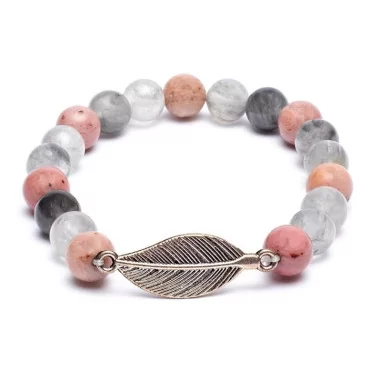 Armband Mala Rhodonit & grauer Quarz mit Feder